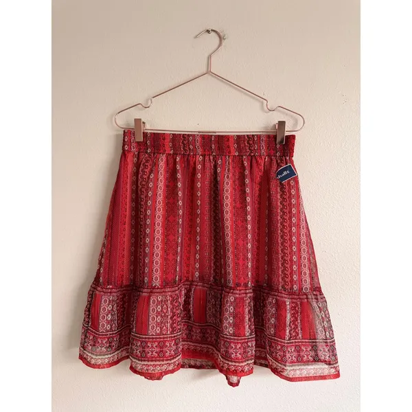 Loft Mini Skirt Womens M Red Boho Paisley Smocked Tiered Ruffle Metallic Shimmer - Image 2