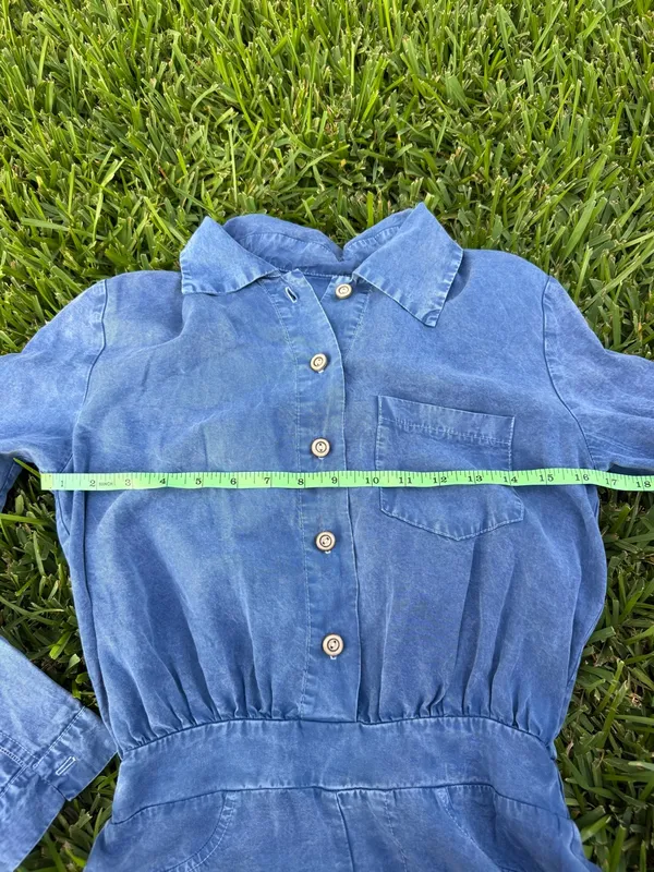 Blue Chambray Button Front Collared Romper Elastic Waist Size S - Image 3