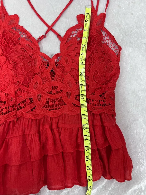 Red Lace bohemian tank top Strappy Camisole crochet peplum tiered bralette M - Image 6