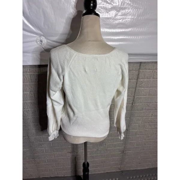 Abercrombie & Fitch Women White Ribbed V-Neck Long Sleeve Knit Sweater Small - Image 3