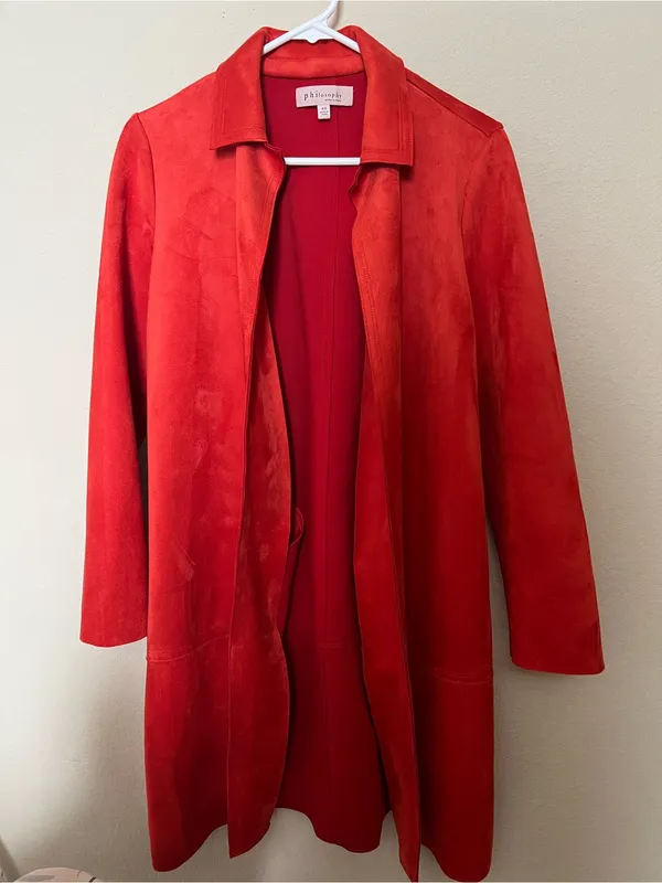 Philosophy Bold Red Suede Long Trench Coat - Image 2