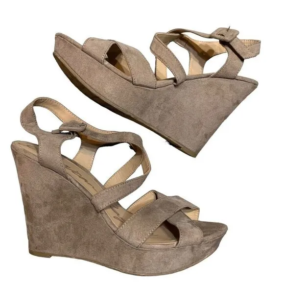 American Rag Wedge Sandals‎ Tan 6 Strappy Faux Suede Platform - Image 9
