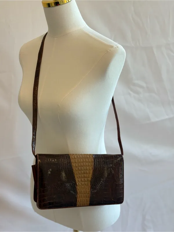 Classic Croc-Texture Crossbody Bag in Brown and Tan - Image 2