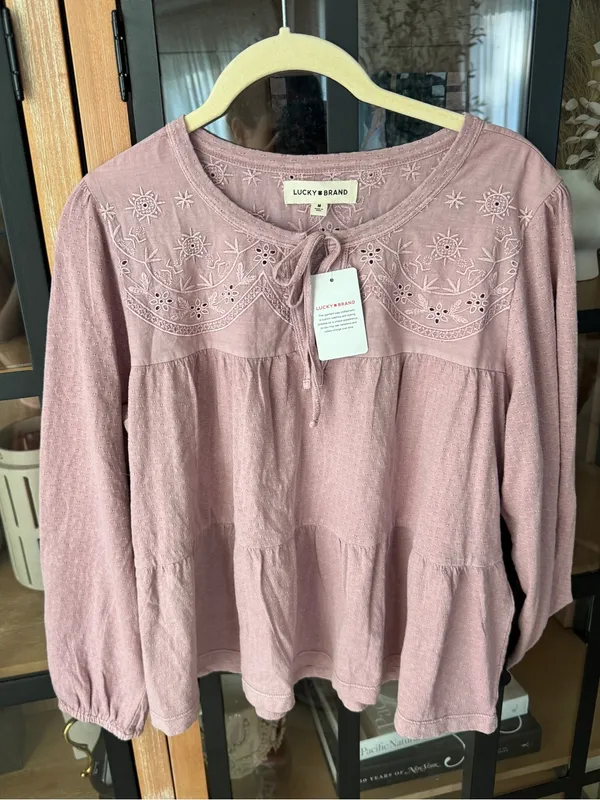 NWT Lucky Brand embroidered babydoll blouse top lavender tie front long sleeve - Image 11