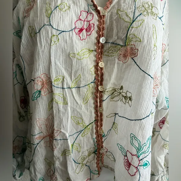 Zara Embroidered Tassel Tie Ivory Peasant Blouse L - Image 10