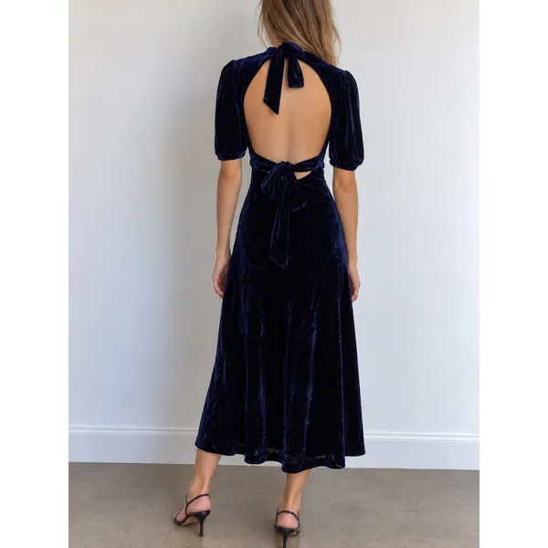 Bardot Navy Blue Velvet Open Back Tie Midi Dress XS Dark Romance Whimsigoth - Image 2