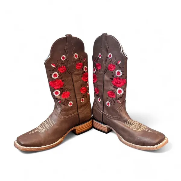 White Diamond Women’s Western Boots 7.5 Brown Leather Embroidered Square Toe - Image 6