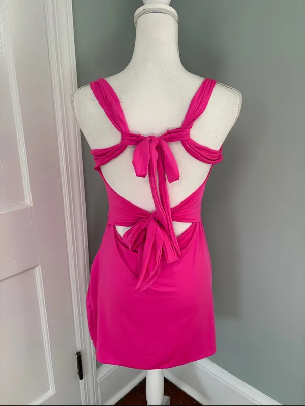 SHEIN‎ Hot Pink Sleeveless Cowl Neck Mini Dress Bow Back Open Size 6 Stretch - Image 5