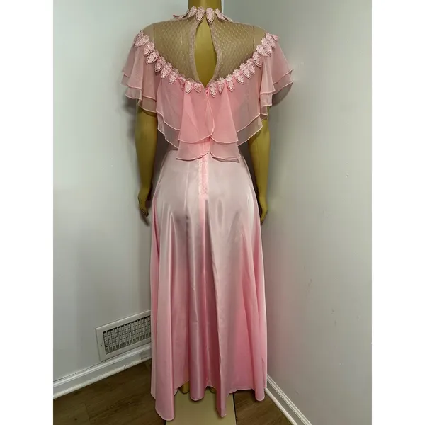 Vintage 70s Pink Maxi Dress Lace Mesh Yoke Flutter Sleeve Romantic Prom 9/10 - Image 5