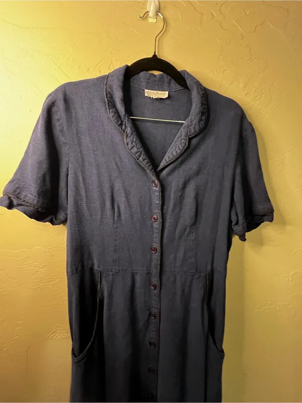 Basic Threads Santa Monica Blue Linen Tencel Button Front Midi Shirt Dress - Image 3