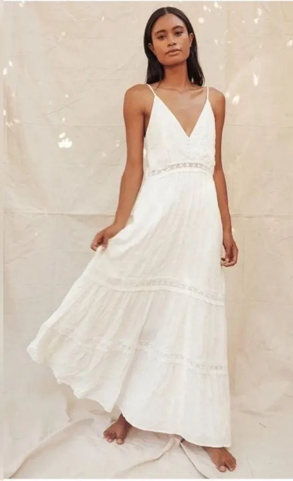 Lulu’s Light Breeze White Striped Crochet Lace Boho Tiered Maxi Dress Sz XS - Image 2