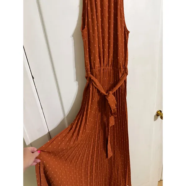 PrettyGarden Rust Orange Swiss Dot Pleated Halter Maxi Dress Womens Medium - Image 2