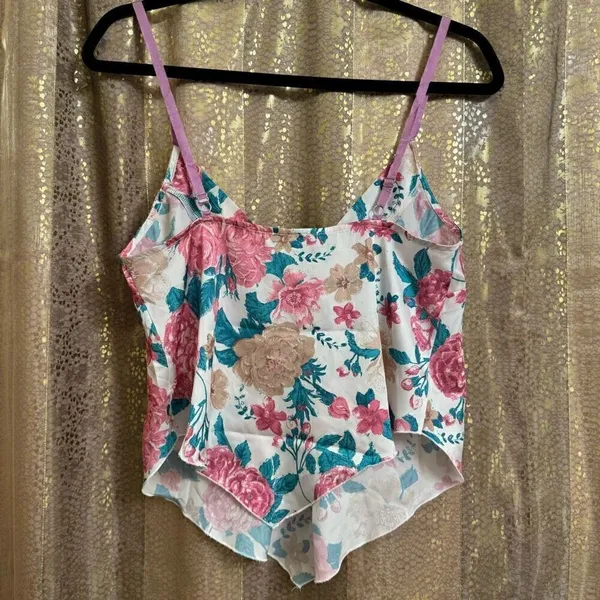 Free People Pink Purple Green Floral Silky V Hem Camisole XS NWOT - Image 2