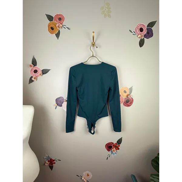 Babaton by Aritzia Teal Thong Long Sleeve V-Neck Bodycon Bodysuit - Size - Small - Image 5