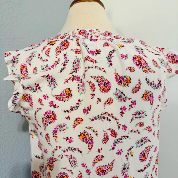 Old Navy Women Cream Pink Floral V-Neck Semi Flared Sleeves Relaxed Fit Blouse M - Image 5