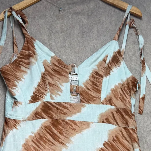 Moon‎ River Brown White Brushstroke Linen Blend Midi Dress Tie Strap Cutout Med - Image 2