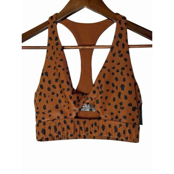 Beach Riot Twist Front Spotted Sports Bra Brown Black Ribbed Animal Print XS - Image 4