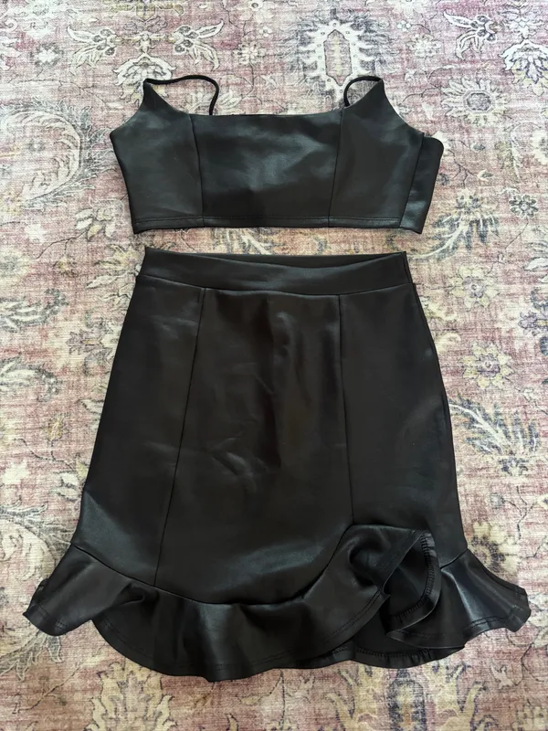Lucy in the Sky Two-Piece Set Matte Black Faux Leather Skirt and Tie Back Top - Image 3