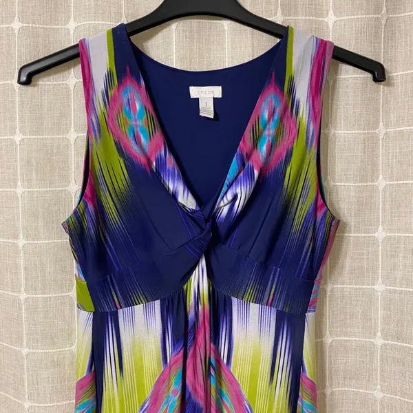 Chico's Maxi Dress Women's Sz1 Blue Pink Green Ikat Abstract Sleeveless Boho EUC - Image 3