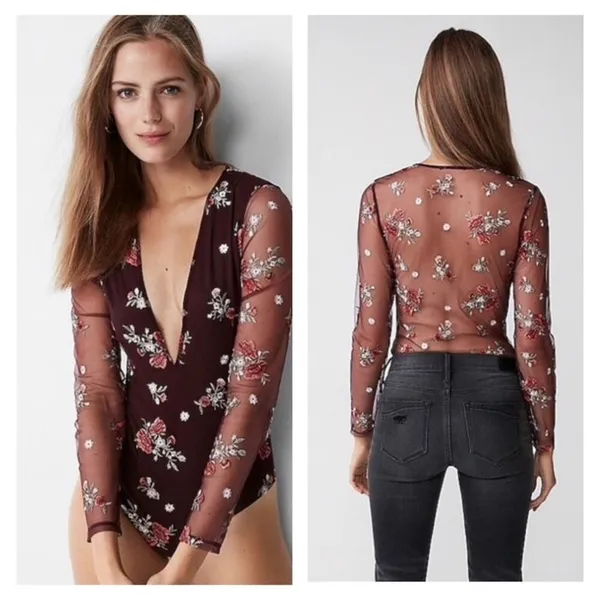 Express Mesh Floral Embroidered Long Sleeve V-Neck Bodysuit Women's‎ XS Coquette - Image 8