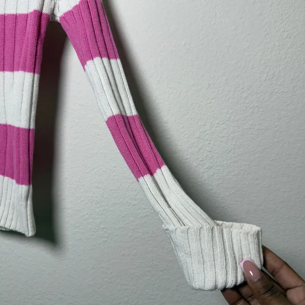 VTG Y2K Faded Glory Women Preppy Sweater XS Pink White Striped Cable Knit - Image 2