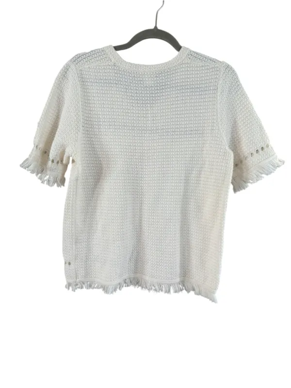 Women's J.Crew White Crew Neck Fringe Knit Sweater Size M - Image 9