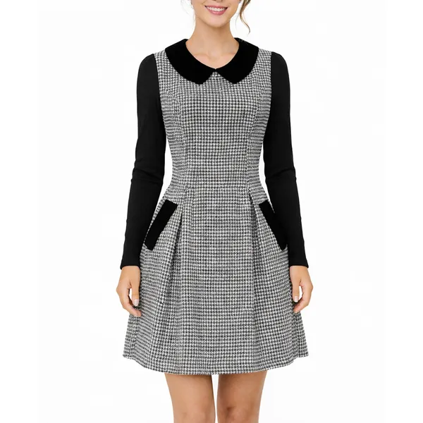 Al Loge 1990s Vintage Black & White Peter Pan Collar Long Sleeve Mini Dress XS - Image 3