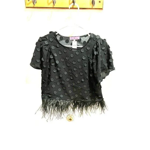 Anthropologie NWT XS Eva Franco Black Sheer Fabric Polka Dot Feathered Hem Top - Image 2