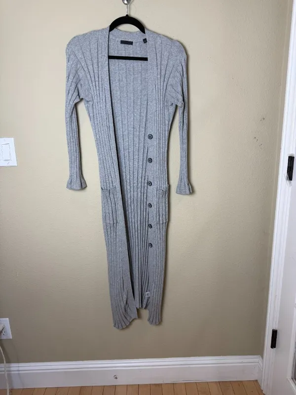 ATM Cotton Cashmere Duster Longline Cardigan Sweater Grey Ribbed Size XS - Image 2