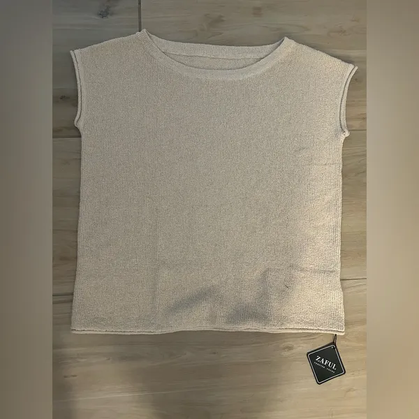 NEW ZAFUL Tan Off shoulder Tunic Short Sleeve Sweater L - Image 6