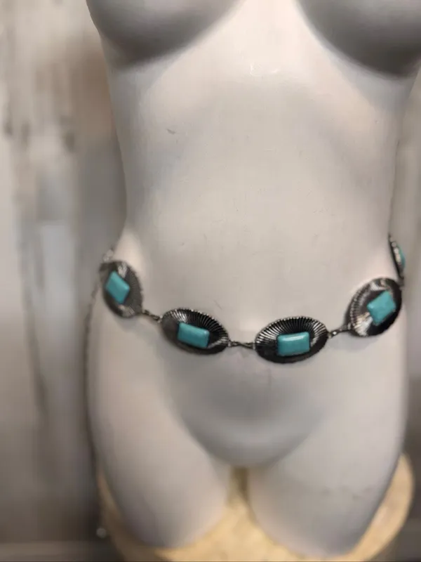 Western Southwestern Turquoise Concho Chain Belt Silver Metal Boho Festival Wome - Image 2