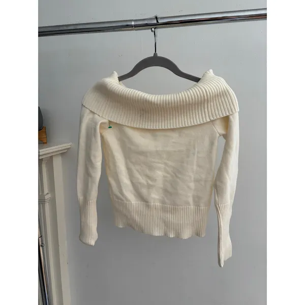 Women’s Ivory Off Shoulder Sweater Ribbed Foldover Cowl Neck Knit Pullover - Image 4