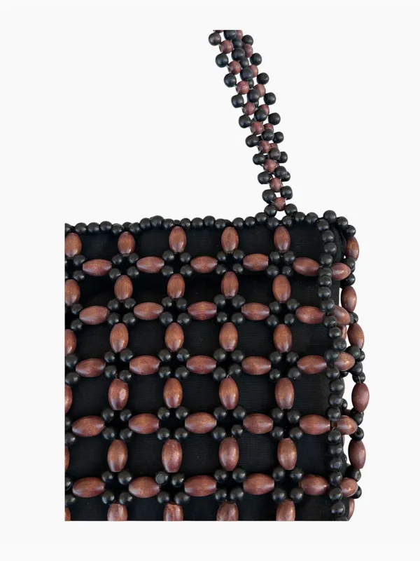 Wooden Black Brown Beaded Double Strap Snap Shoulder Bag - Image 3