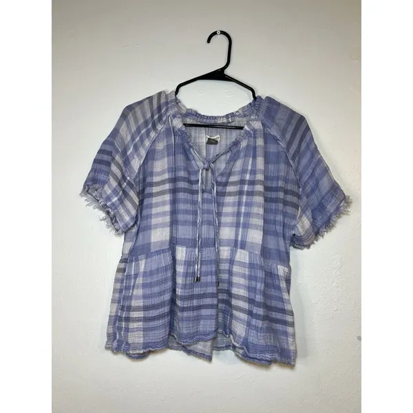 Pilcro Anthropologie The Bette babydoll Plaid Gauze Peasant Blouse Tassel Size M - Image 2