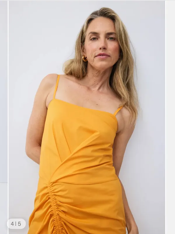 Callas- Angie Dress Yellow Ruched Midi Dress with Spaghetti Straps Size 40 US 4 - Image 4