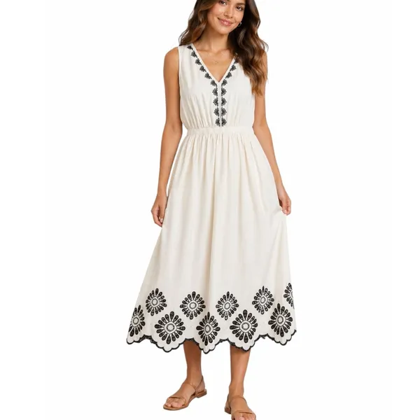 Universal Thread Womens Size XL Cream Black Embroidered Midi Dress Boho Pockets - Image 15