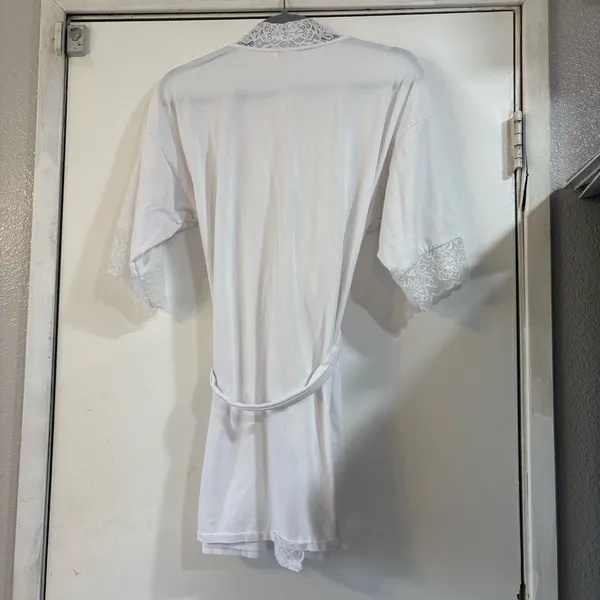 Linea Donatella White Lace Trim Wrap Robe Bridal Shower Nightgown S M Soft Cozy - Image 3