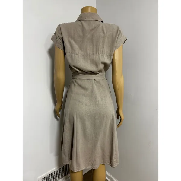 Calvin Klein Womens Tan Beige Linen Blend Button Front Belted Shirt Dress Size 4 - Image 3