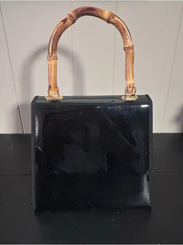 Black Patent Top-Handle Bag with Bamboo Accent - Image 7