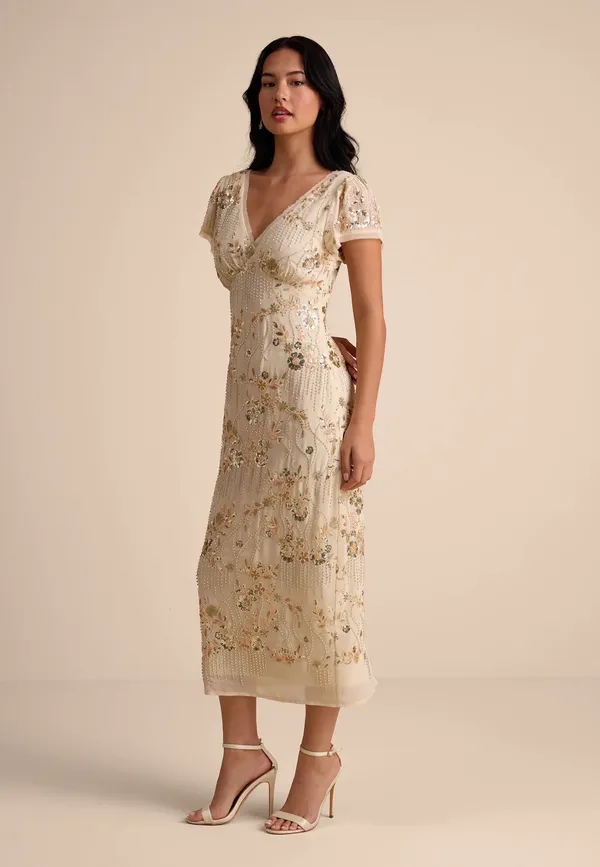 LULUS XS Ivory Puff Short Sleeve V Neck Floral Embroidered Midi Dress Back Slit - Image 2