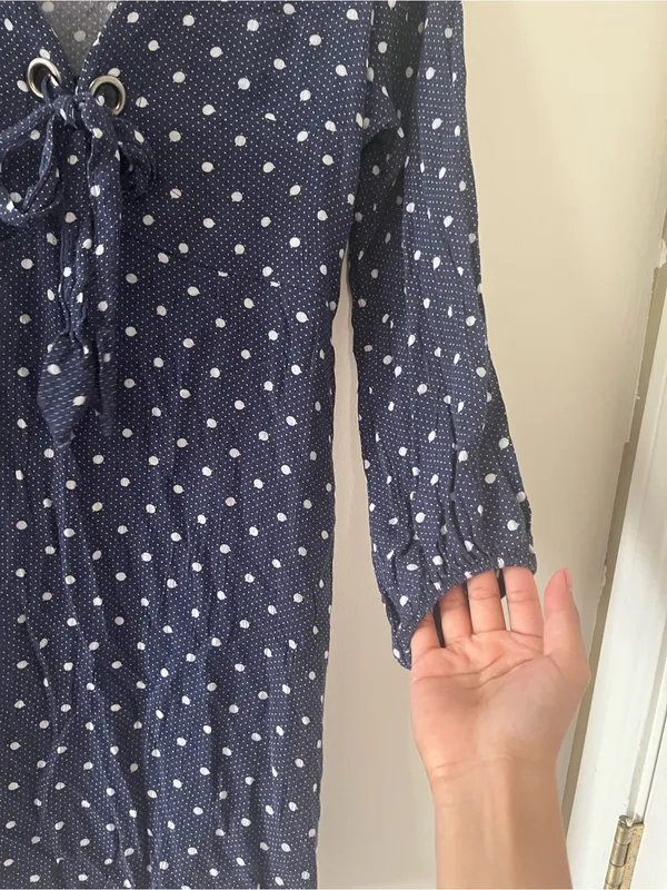 American Eagle Navy Blue Polka Dot Mini Dress Medium Lace Up Long Sleeve Coastal - Image 5