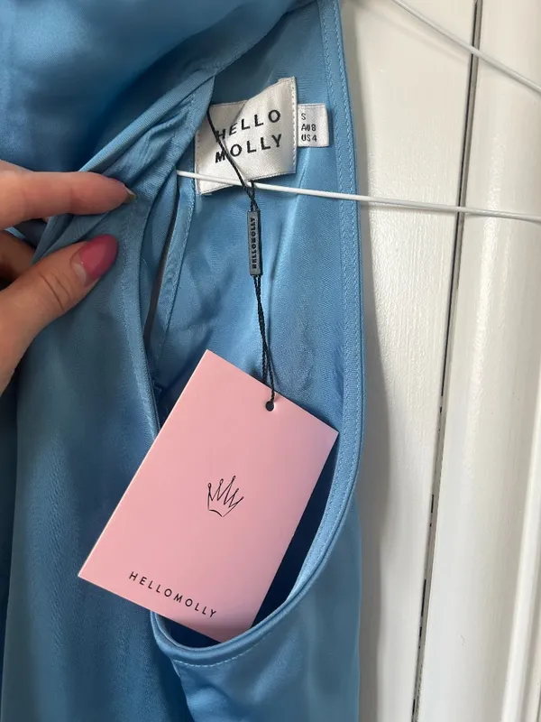 NWT Hello Molly BLUE High Neck/Cowl Dress With Slit Opening (Goddess Lines Satin Mini Dress Blue) - Image 10