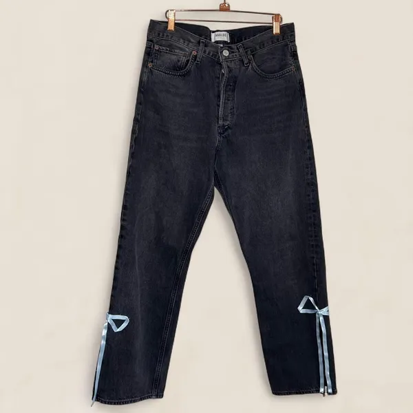 Agolde 90s dark wash jeans w/ custom ribbon split hem | size 28 coquette - Image 4