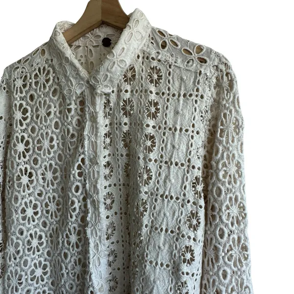 Free People FP One Yesenia Blouse M Crochet Embroidered Button Down Ivory Boho - Image 7