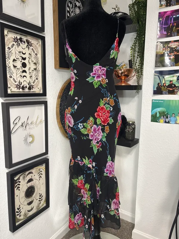 Vintage Emily D Y2K 90s Silk Slip Dress Beaded Floral Sequin Maxi Gown Medium - Image 2