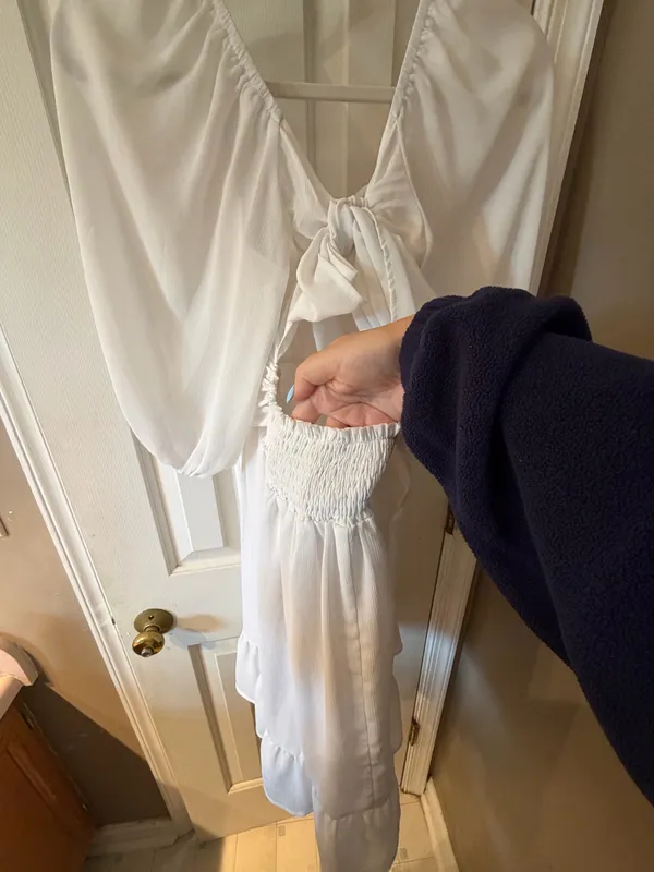 White Amazon Dress, thigh length, adjustable tie back  - Image 3