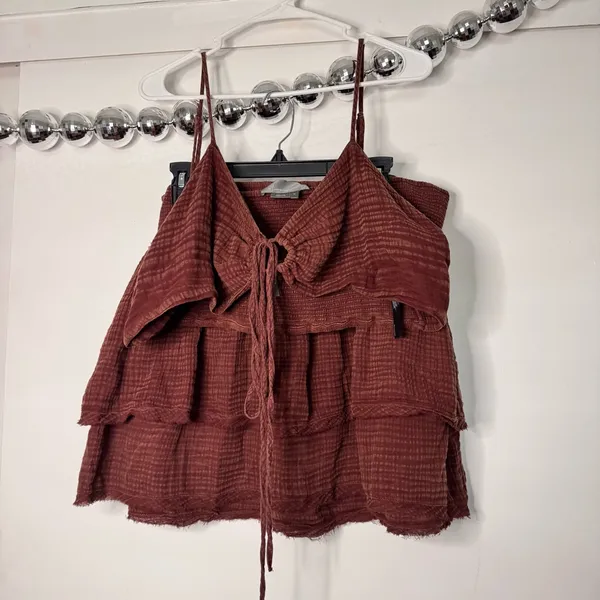 Anthropologie Cotton Gauze Smocked Mini Skirt and Top Set Brick Red Brown - Image 4