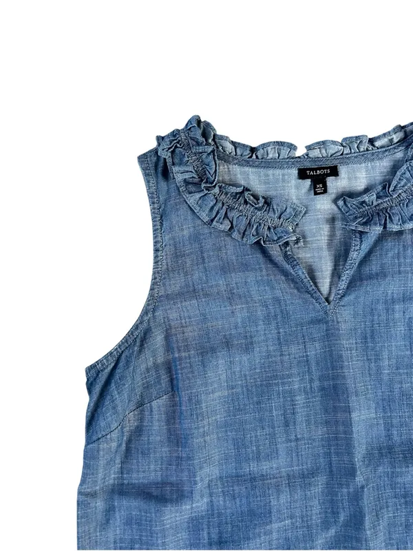 Talbots Denim-Effect Ruffle Neck Sleeveless Top - Blue - Image 3