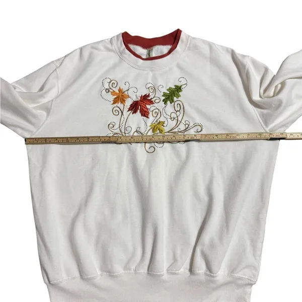 🍂 Cozy Fall Multicolor Leaf Embroidered Sweatshirt with Bead Embellishments 🍁 L - Image 5