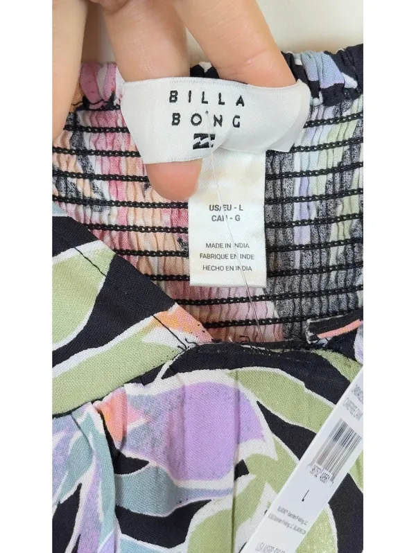 Billabong Carefree Cami Large Black Tropical Floral V Neck Smocked Crop Top NWT - Image 4